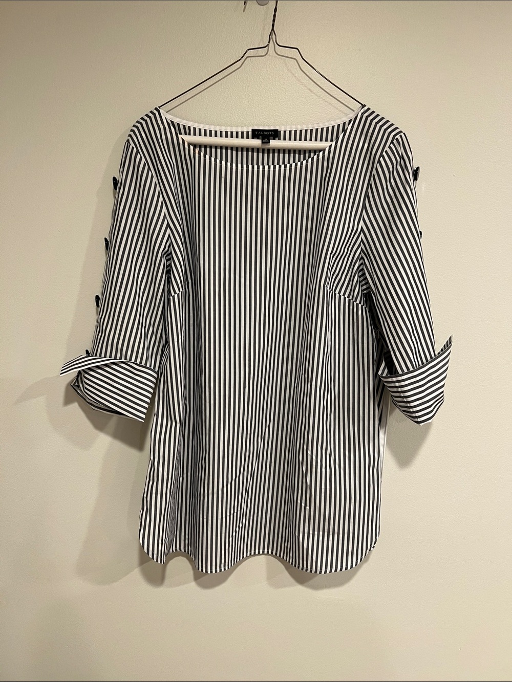 Talbots Black & White Vertical-Striped Roll-Tab Blouse
